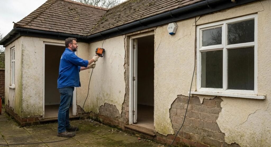 professional damp proofer doing damp proofing survey on property affected by damp