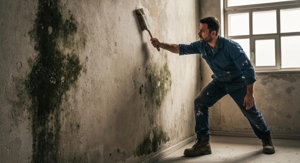 man removing mould from walls
