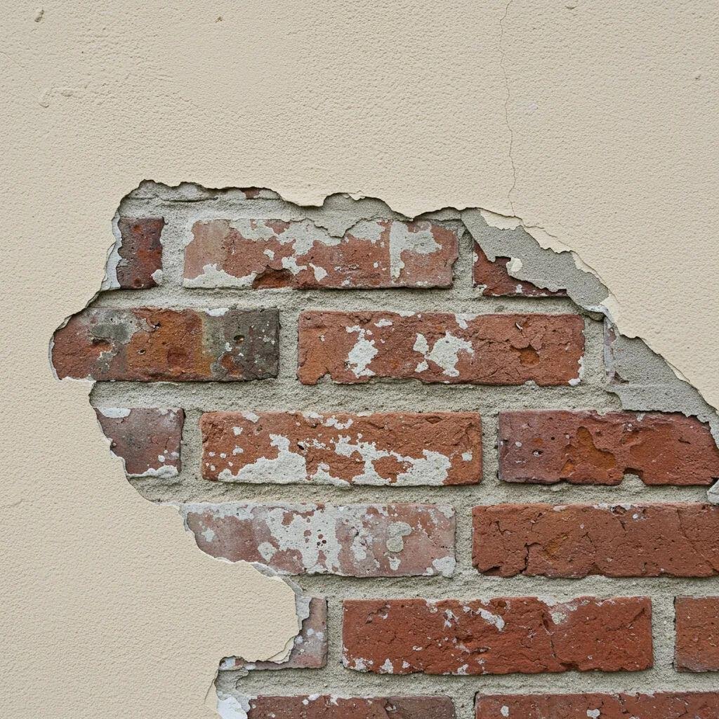 Close-up of a wall showing signs of rising damp, such as tide marks and peeling paint