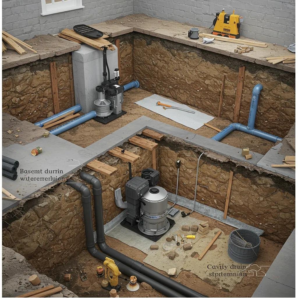 Diagram showing basement waterproofing techniques, including a sump pump and cavity drain membrane system