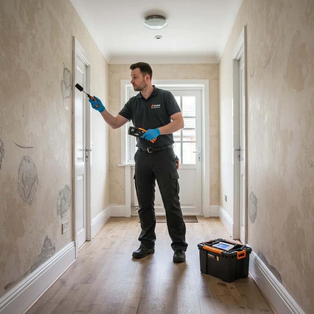 Professional damp proofing technician inspecting a residential property for moisture issues in Elmbridge